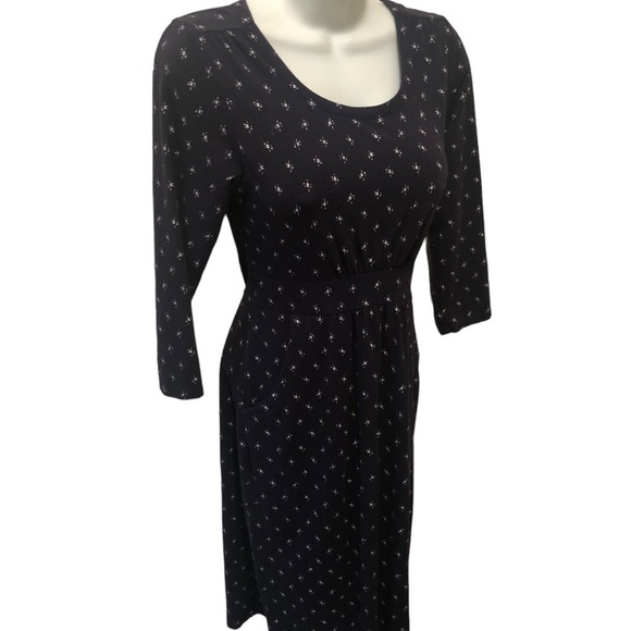 L.L. Bean Empire Empire Waist Knit Printed Dress XS Navy Easy Wear Minimalist - Picture 2 of 7